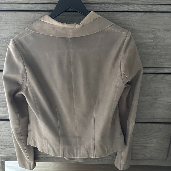 NWT REISS Rae Rib Sleeve Leather Jacket In Stone - Picture 12 of 12